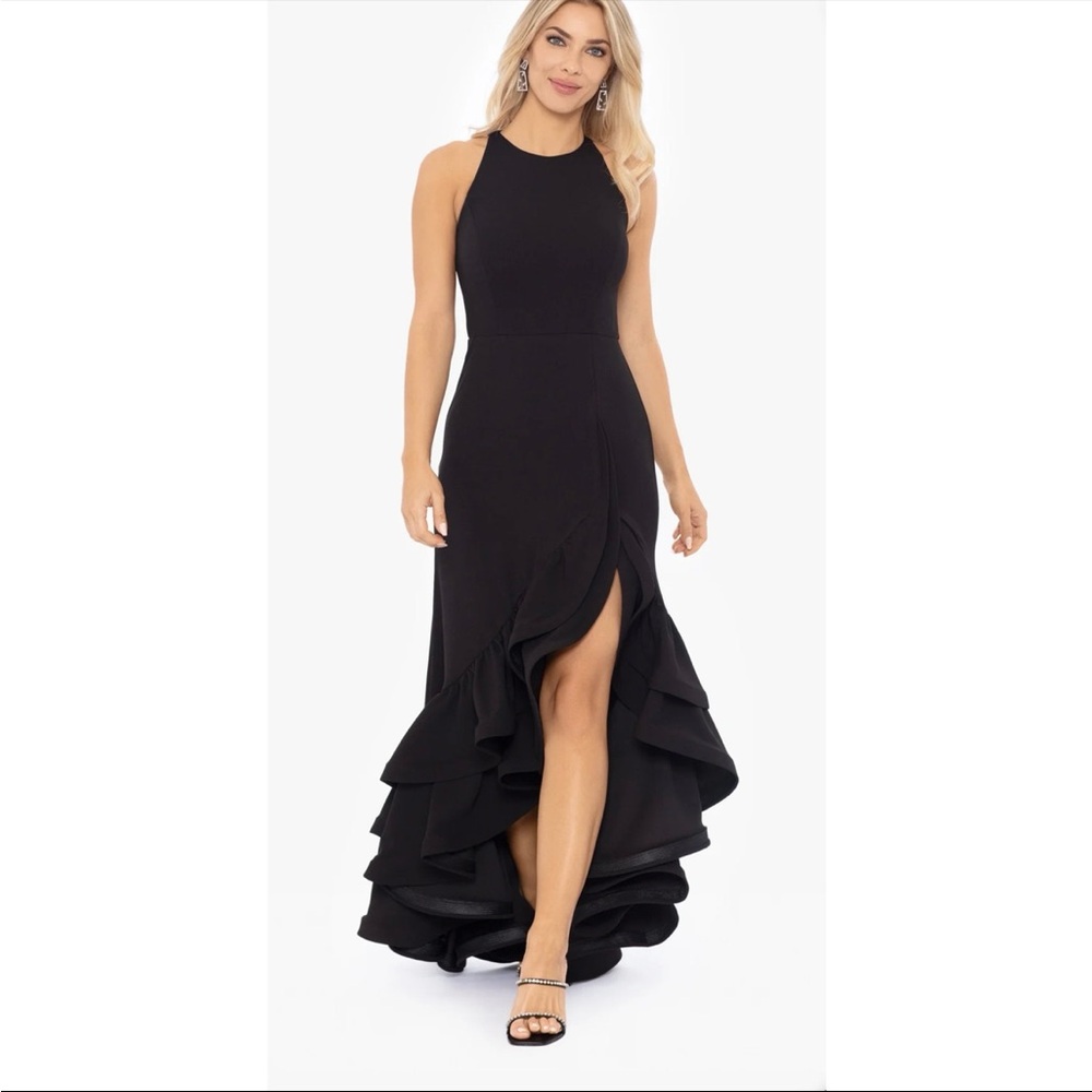 Betsy & Adam Arielle Ruffle Halter Crepe Gown - Size 4 PROM DRESS